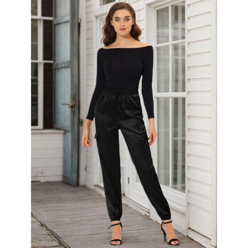 Joggers Drawstring Elastic High Waist Silky Satin Cargo Pants Black - Picture 2 of 5